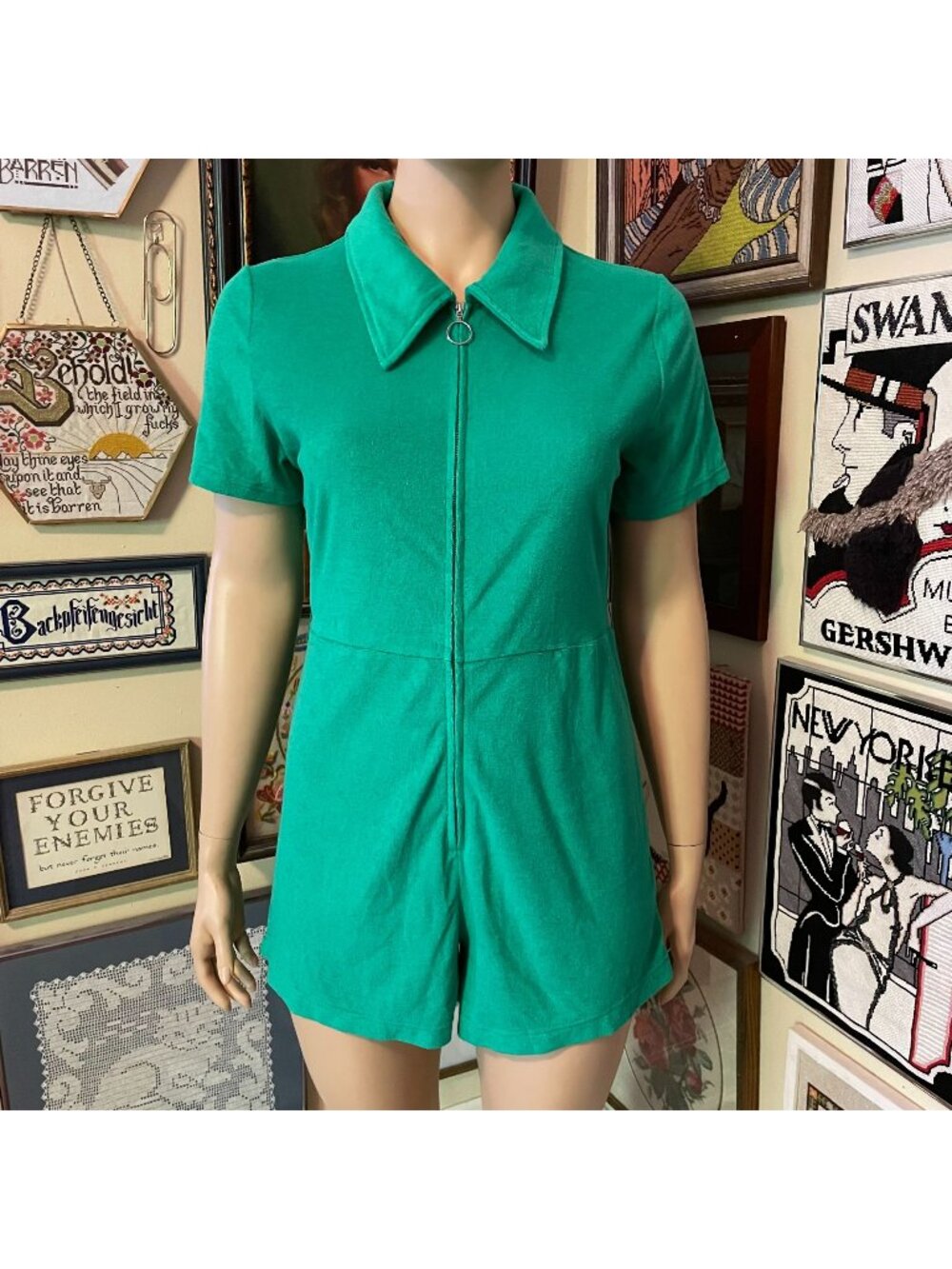 Smak Parlour Womens Green Zip-Front Romper Short Sleeve Cotton Blend Size 1X